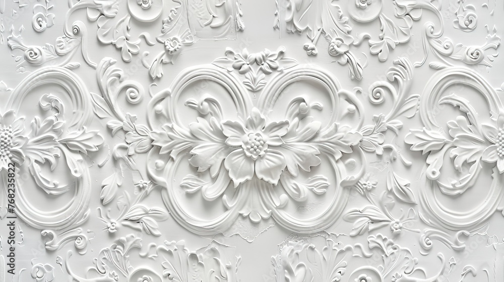 a stucco floral pattern on a wall within an elegantly decorated room. The image highlights the pattern's role in enhancing interior aesthetics. SEAMLESS PATTERN a stucco floral pattern on a wall within an elegantly decorated room. The image highlights the pattern's role in enhancing interior aesthetics. SEAMLESS PATTERN