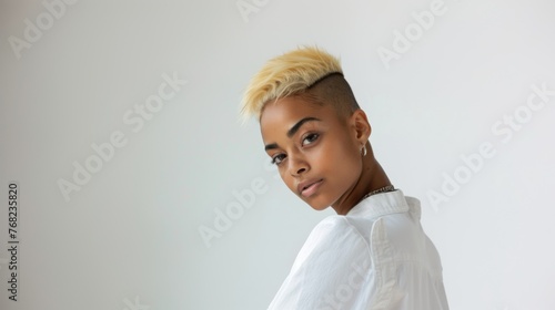 Close-up of an African American woman with a short stylish haircut and bleached hair. beauty and fashion, style and creativity.