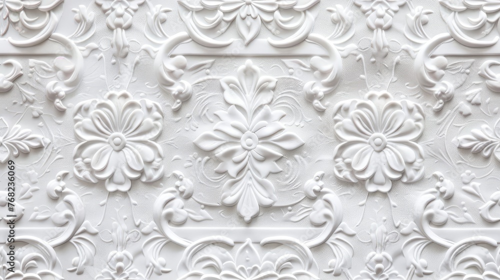 a stucco floral pattern on a wall within an elegantly decorated room. The image highlights the pattern's role in enhancing interior aesthetics. SEAMLESS PATTERN a stucco floral pattern on a wall within an elegantly decorated room. The image highlights the pattern's role in enhancing interior aesthetics. SEAMLESS PATTERN