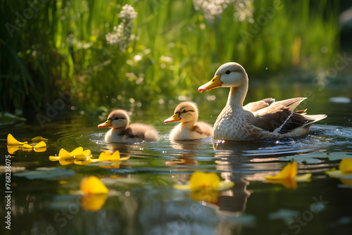 Captivating Nature's Panorama: Mother Duck Leading her Ducklings across the Tranquil Pond