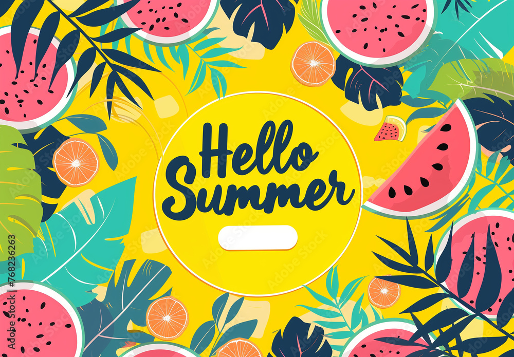 A vibrant summer banner with the text "Happy Summer" in a bold, playful