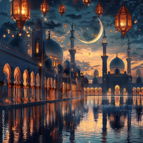 Illuminated lanterns floating over a mosque by the water under a crescent moon, depicting a scene of tranquility for Ramadan and Eid celebrations