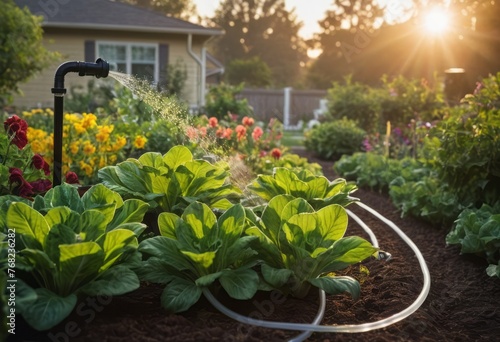 A vegetable garden glows under the warm sunset light, highlighting a sustainable living concept. The irrigation system shows care for plant growth.