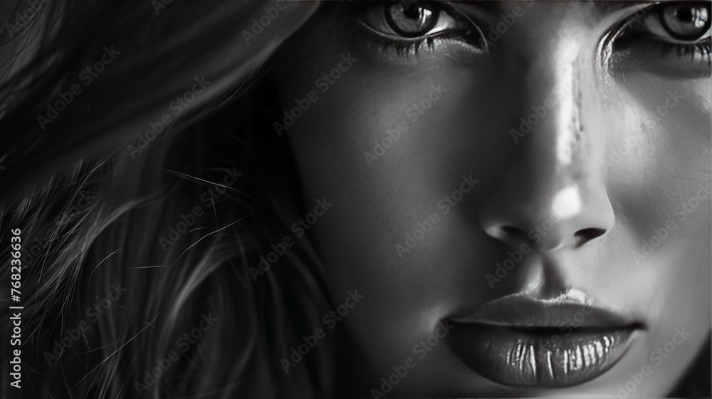 attractive young female / woman's face, Intense eye contact, high key lighting, black and white picture, 16:9 attractive young female / woman's face, Intense eye contact, high key lighting, black and white picture, 16:9