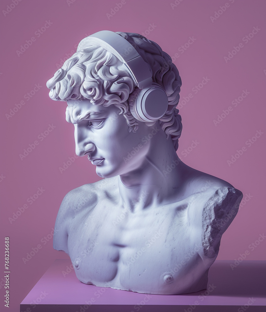 Ancient Greek sculpture of a man in headphones