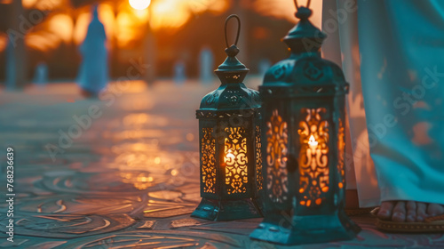 Ramadan lanterns glowing at dusk, casting patterns on tiled flooring, during the observance of Muslim traditions, Eid al-Fitr, and Eid al-Adha for design and print photo