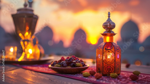 Iftar setting with traditional lanterns and a plate of dates at sunset, celebrating the spirit of Ramadan, Eid al-Fitr, and Eid al-Adha for design and print