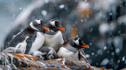 Penguin family huddled together for warmth symbolizing unity