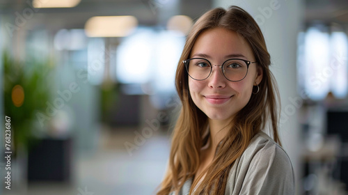 Successful young employee posing for headshot in modern office  exuding confidence.
