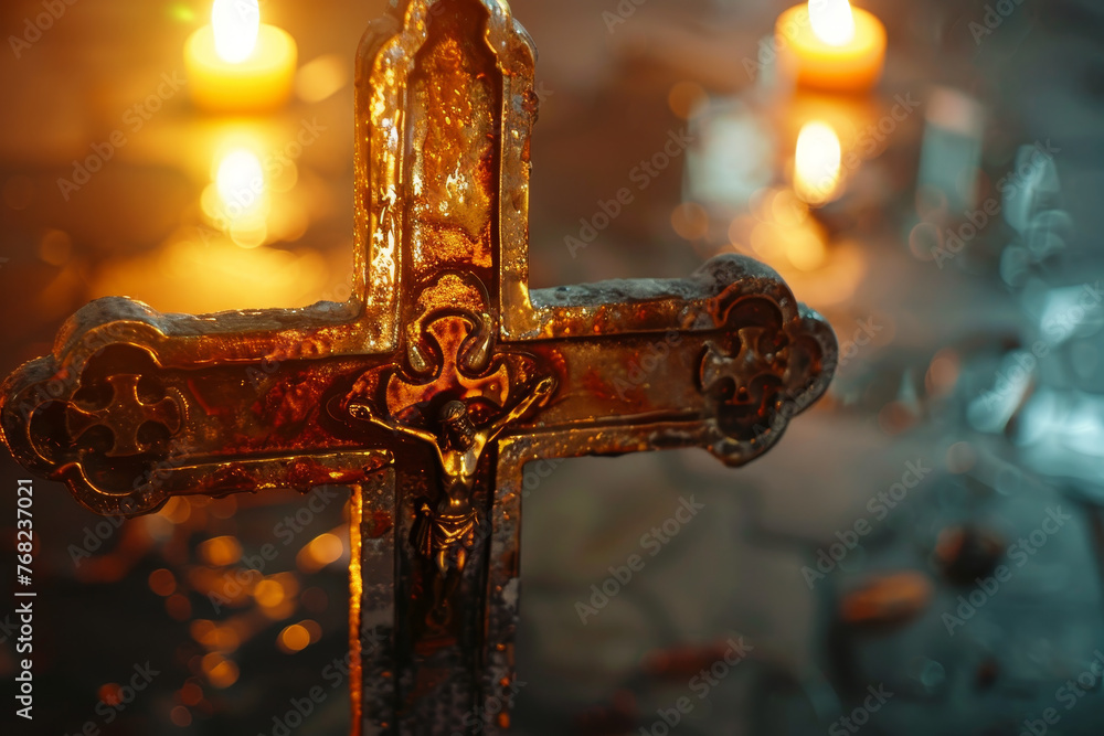 A cross with a statue of Jesus Christ on it is lit by candles