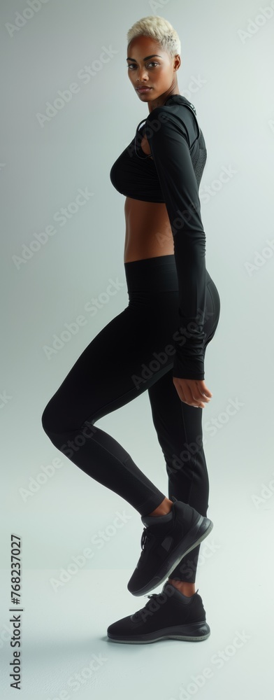 Obraz premium Attractive woman with a fashionable hairstyle in stylish sportswear. Fashion and beauty, active lifestyle and sports.