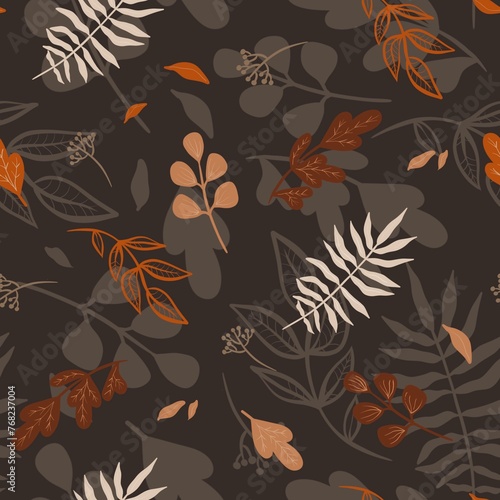 Brown botanical magic floral wildflowers seamless pattern, black background