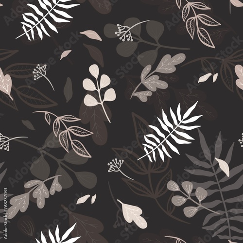 Grey botanical magic floral wildflowers seamless pattern  black background
