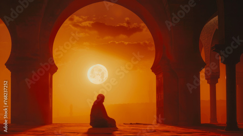 Person in solitude praying in a mosque archway with the sun setting behind. Essence of Ramadan, Eid al-Fitr, and Eid al-Adha captured for design and print