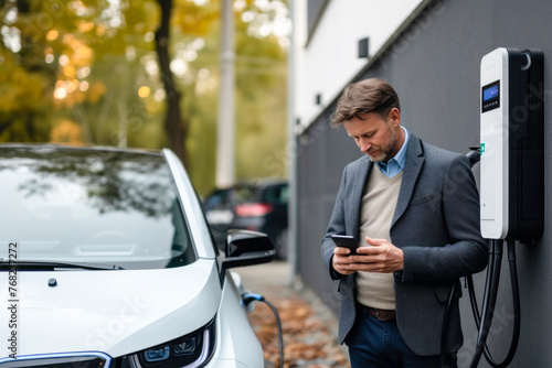 Bussinessman holding smartphone while charging a electric car, Concept of modernity and technological advancement