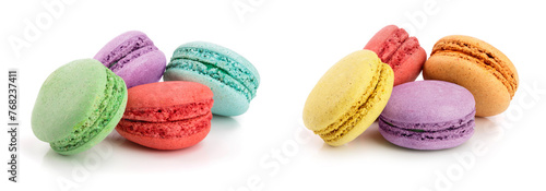 four macaroons isolated on white background closeup photo