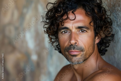 Close Up of Shirtless Man With Curly Hair photo