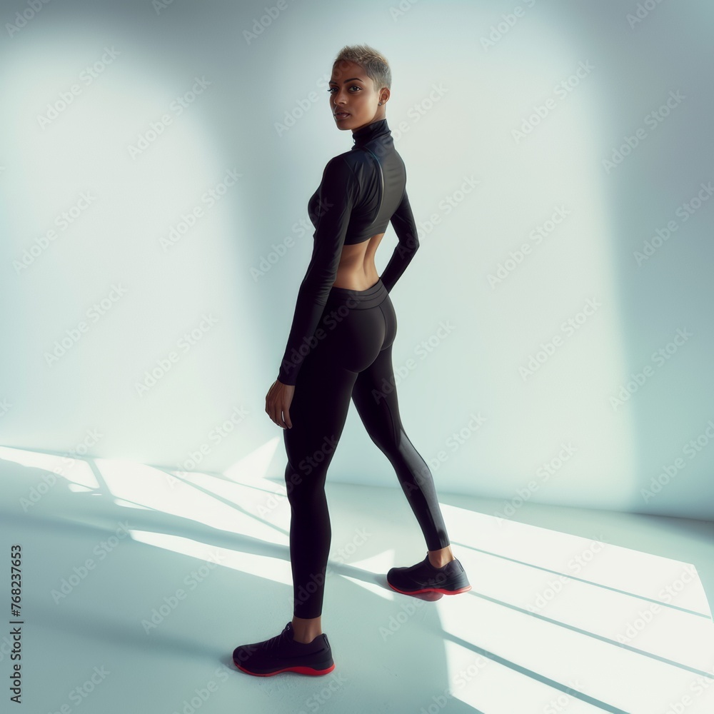 Obraz premium Attractive woman with a fashionable hairstyle in stylish sportswear. Fashion and beauty, active lifestyle and sports.
