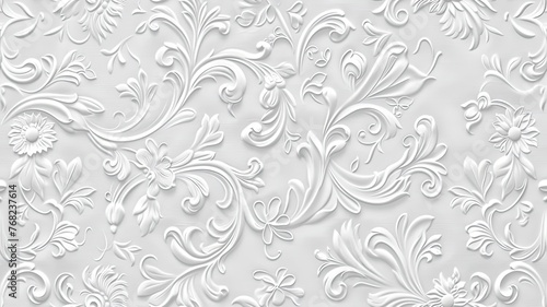 a stucco floral pattern on a wall within an elegantly decorated room. The image highlights the pattern's role in enhancing interior aesthetics. SEAMLESS PATTERN © lililia