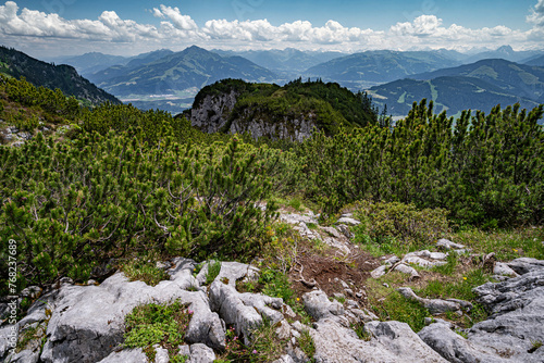 Wandern im  sommerlichen Tirol - Blick von kiefernbewachsenen Felsen am Wilden Kaiser ins Tal. photo