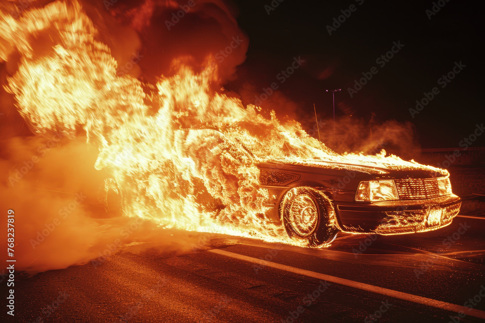 A car is on fire and the flames are shooting out of the front of the car