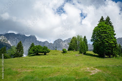 Alpenlandschaften - hochgelegene Alm mit einer Gebirgsformation im Hintergrund.