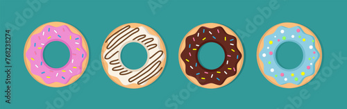 Obraz na płótnie Donut vector set isolated on green background. Donut Collection. Sweet powdered sugar donuts. break time with white chocolate, strawberry and chocolate donuts on top w salonie