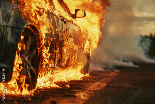 A car is on fire and the flames are shooting out of the car