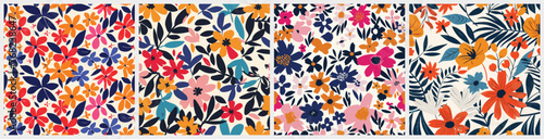 Set of tropical hawaiian colorful floral botanical seamless pattern