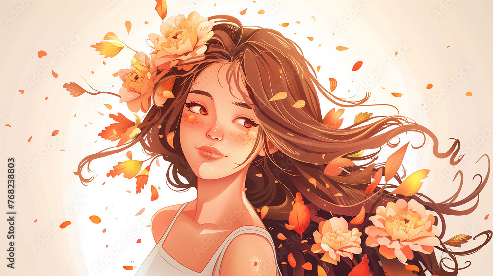 Cute girl with an hairstyle, adorned with a vibrant array of flowers. Illustration in pastel color. Symbolizing Connection with nature, femininity, beauty, and grace.