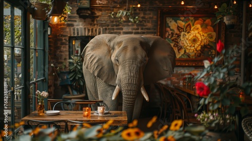 Elephant Standing in Room With Table and Chairs