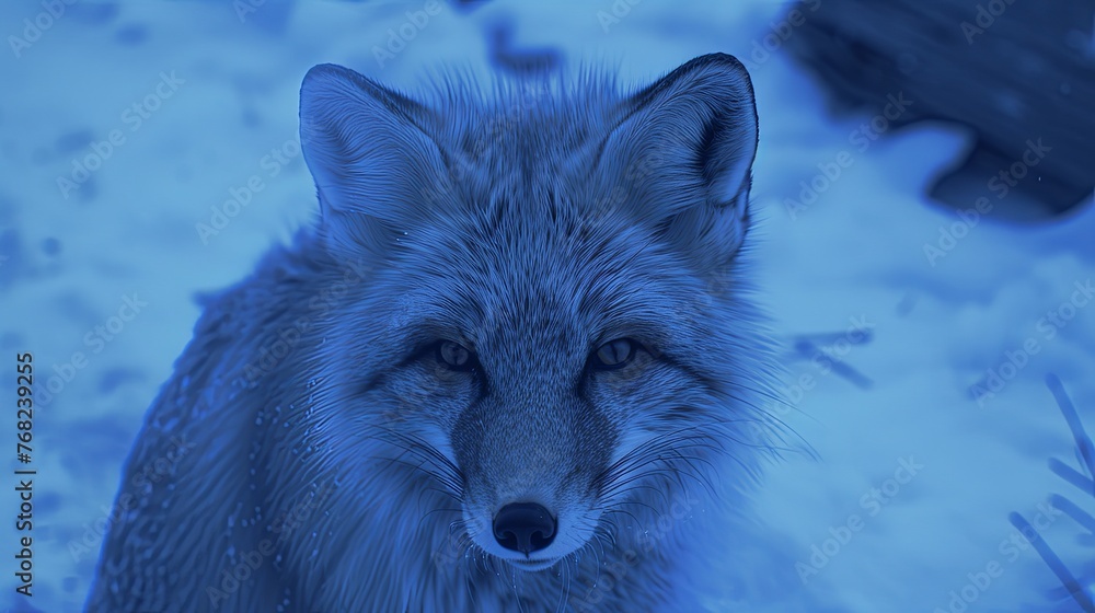 Fototapeta premium Close-up of fox face with white fluffy fur. Animal in habitat in monochrome style. Illustration for cover, card, interior design, brochure or presentation.