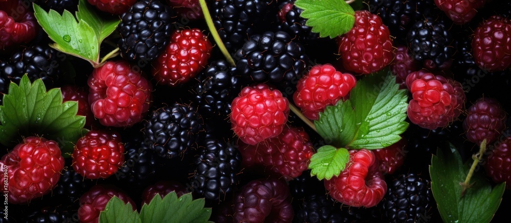 Close-up of freshly picked raspberries, blackberries, and raspberries with vibrant green leaves. These juicy berries are arranged in a visually appealing composition, showcasing their natural beauty Close-up of freshly picked raspberries, blackberries, and raspberries with vibrant green leaves. These juicy berries are arranged in a visually appealing composition, showcasing their natural beauty