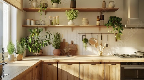 A Scandinavian classic kitchen showcasing wooden decor and green plants for a minimalist and eco-friendly interior design, captured in a real photo