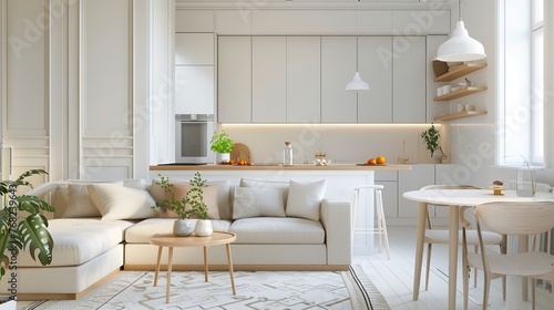 A spacious and airy studio apartment designed in Scandinavian style, with a living area showcasing trendy furnishings and a kitchen space detailed with modern touches, all bathed in warm pastel, white © Orxan