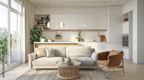 A spacious and brightly lit studio apartment  designed in Scandinavian style with warm pastel  white  and beige tones  featuring trendy furniture in the living space and modern kitchen details