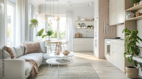 A spacious and brightly lit studio apartment, designed in Scandinavian style with warm pastel, white, and beige tones, featuring trendy furniture in the living space and modern kitchen details
