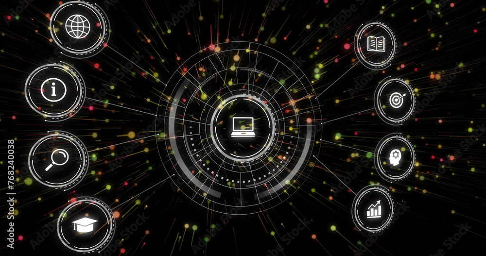 Image of network of connections with icons on black background Image of network of connections with icons on black background