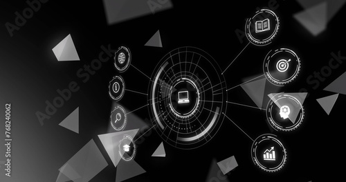 Image of network of connections with icons on black background photo