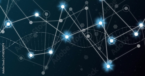 Image of dna strand over network of connections with glowing spots