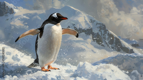 Penguin with outstretched wings basking in the warmth photo