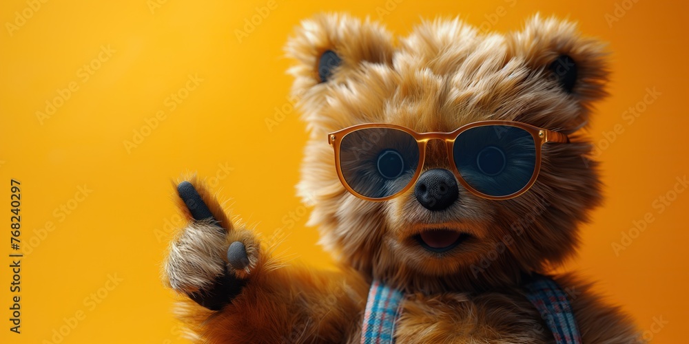plush teddy bear in sunglasses points finger at copy space on orange isolated background