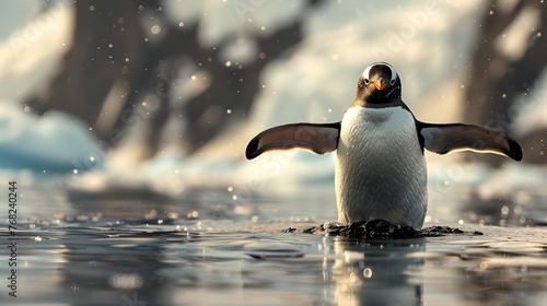 Penguin with outstretched wings basking in the warmth photo