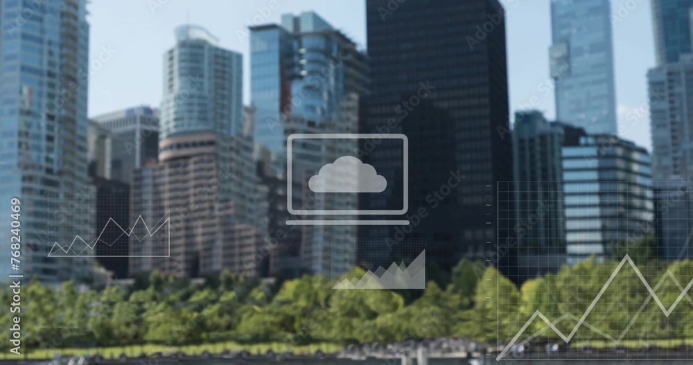 Obraz premium Image of financial data processing over buildings