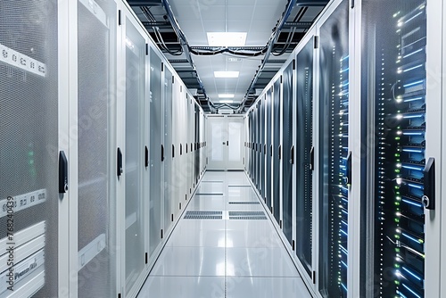 Modern futuristic data center storage supercomputer room with server cabinets with wires, showcasing advanced technology and data management infrastructure.
