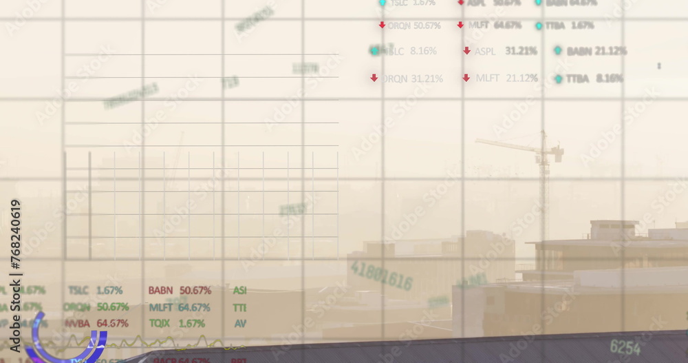 Image of financial data processing over cityscape Image of financial data processing over cityscape