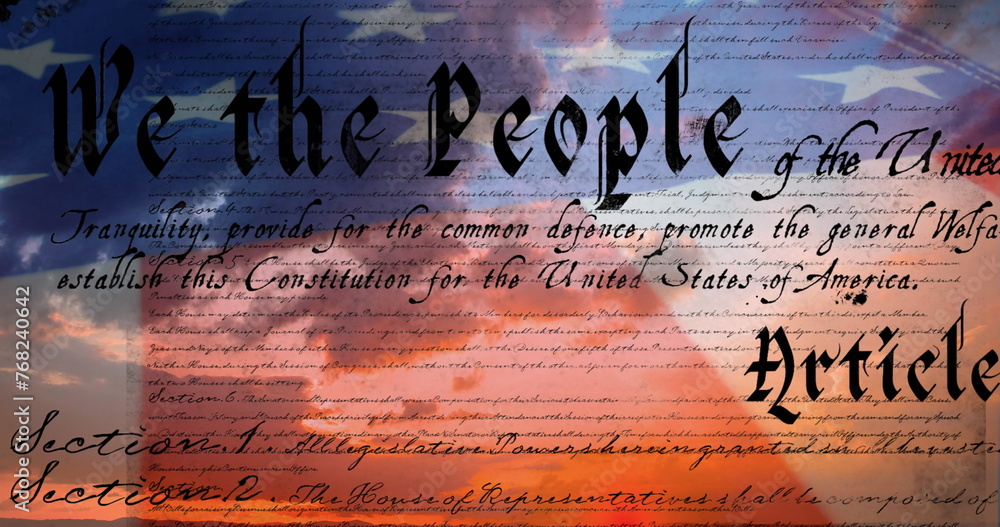Fototapeta premium Digital image of a written constitution of the United States moving in the screen with a flag while 