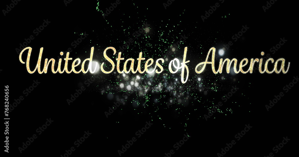 Fototapeta premium Digital image of a United States of America text in cursive appears in the screen with green firewor