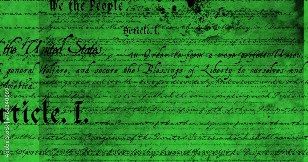 Obraz premium Digital image of a written constitution of the United States moving in the screen against a green ba