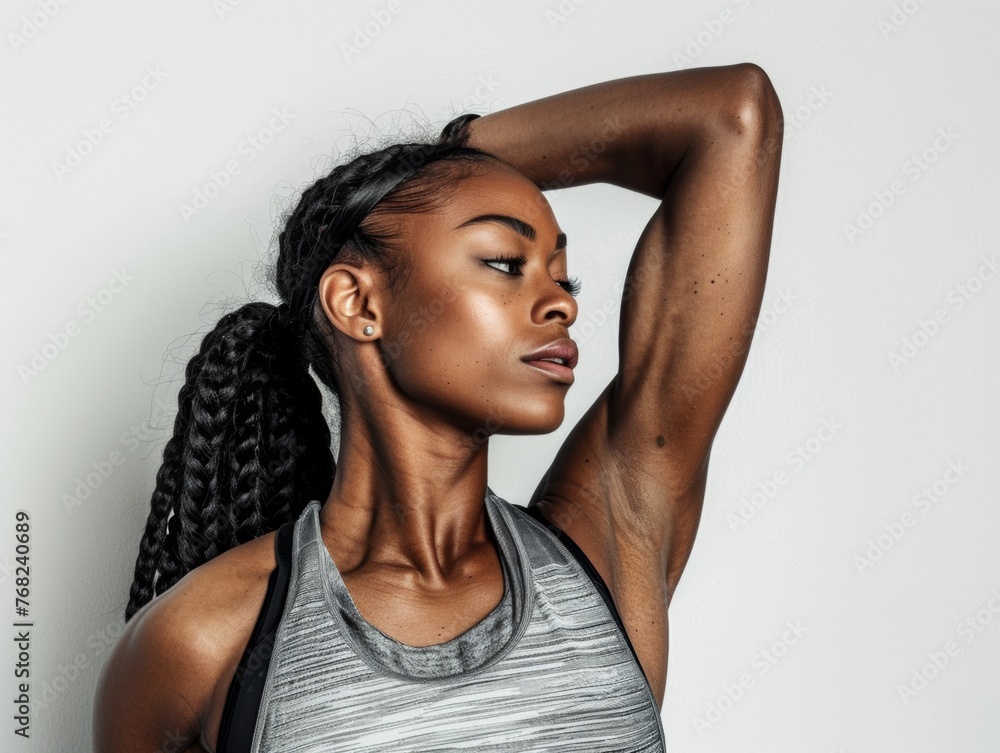 Fototapeta premium Attractive woman with a fashionable hairstyle in stylish sportswear. Fashion and beauty, active lifestyle and sports.